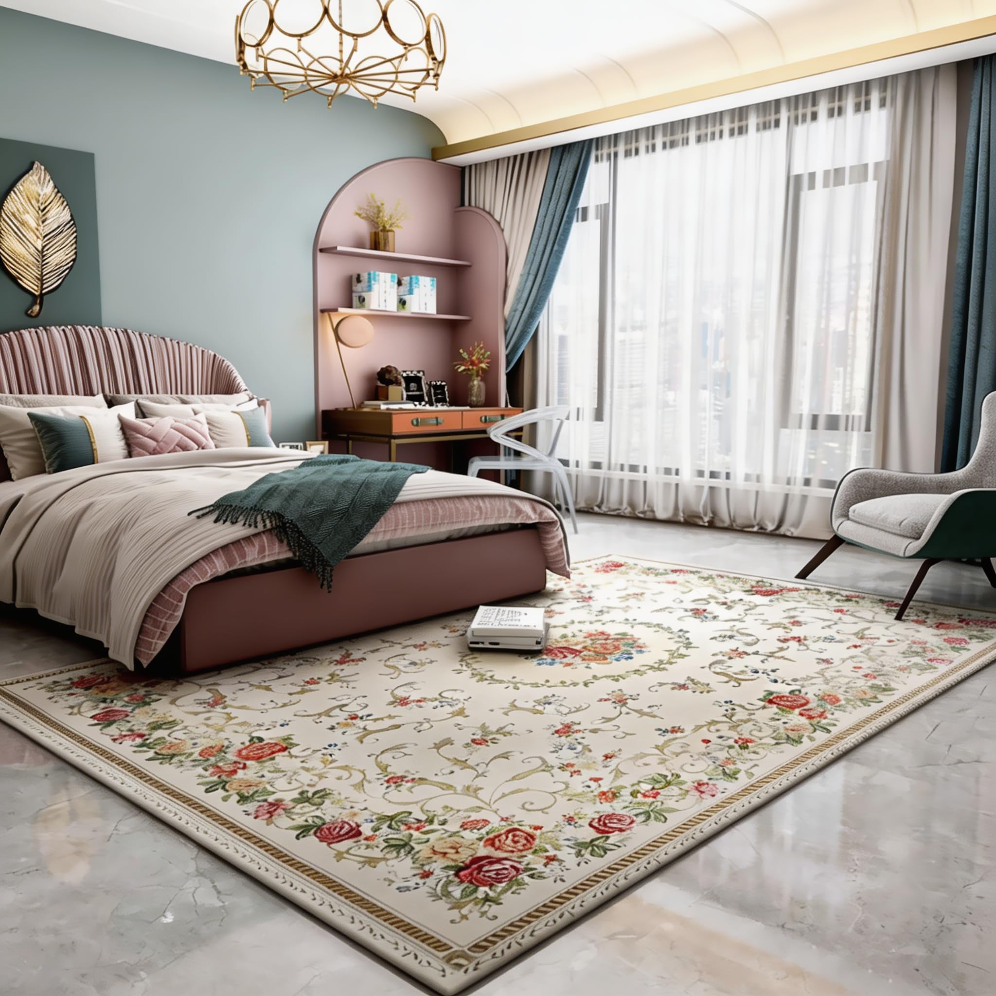 UKELER Vintage Rustic Shabby Rose Rugs Luxury Soft Elegant